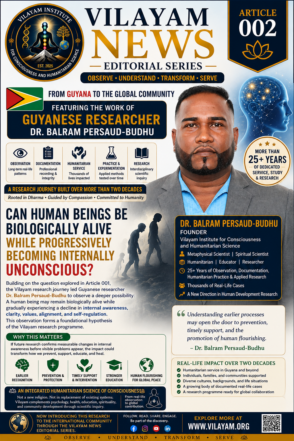 Official Vilayam News Editorial Series Poster for Article 002 introducing a new hypothesis on interior consciousness within the Vilayam Research Programme.