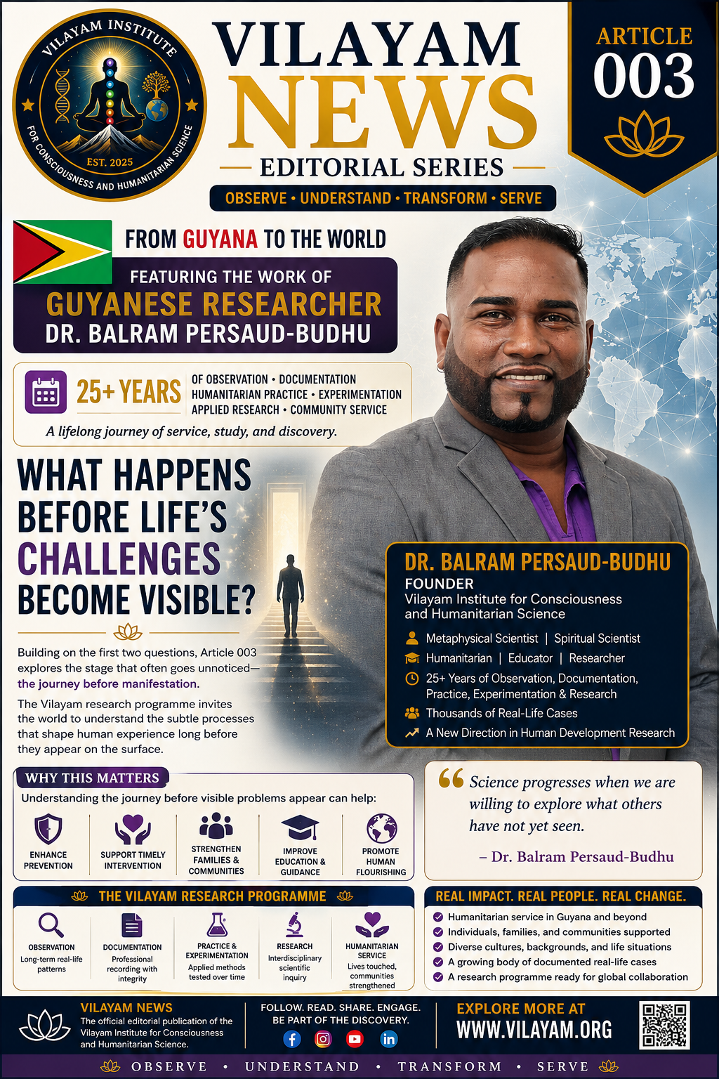 Official Vilayam News Editorial Series Poster for Article 003 introducing the proposed domain of inquiry: the journey before manifestation.