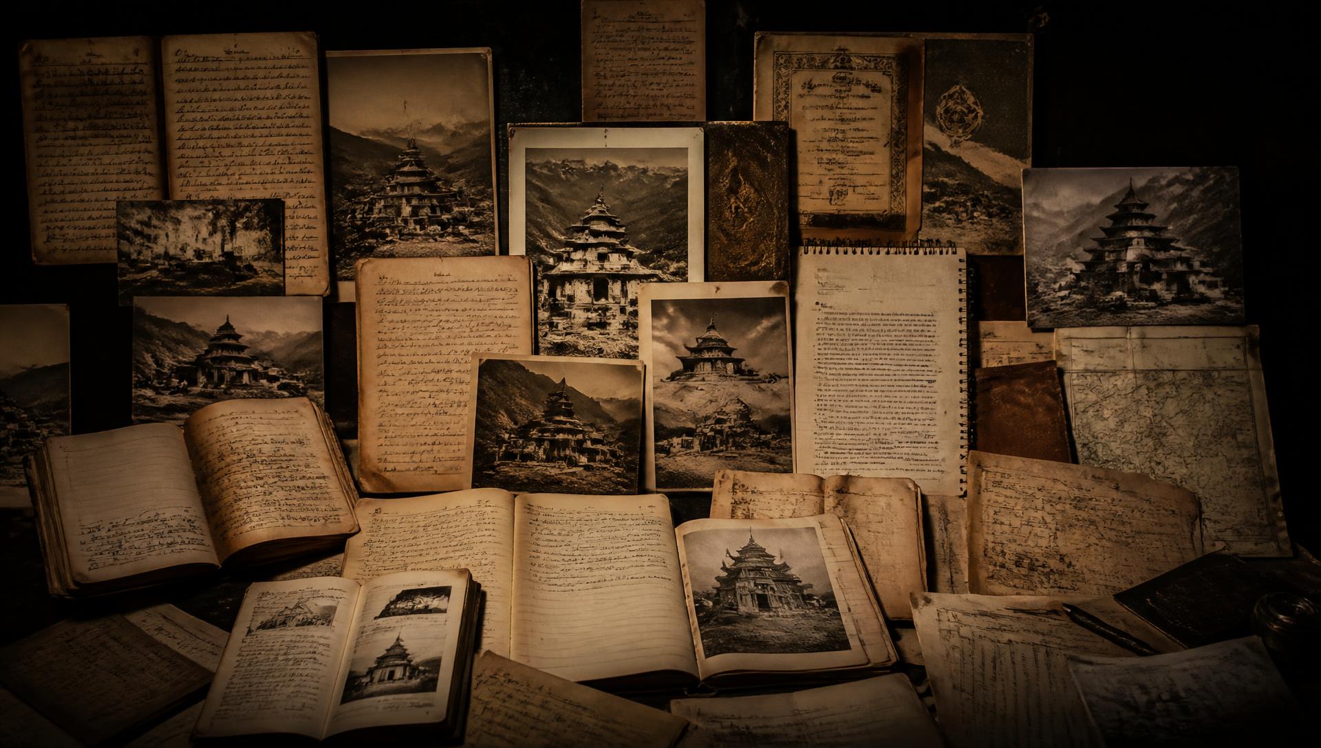 Archival collage of journals, temple photographs, field notes, and historical documents